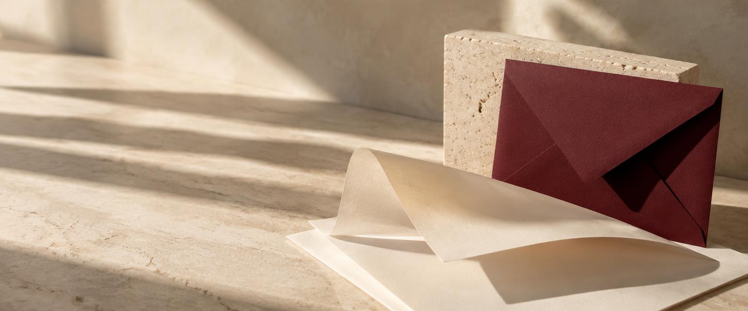 Bordeauxfarbener Briefumschlag und feines Papier im natürlichen Licht